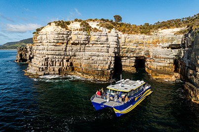 A small tour boat carrying passengers cruises along the coastal cliffs.