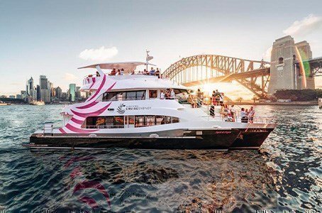 The multi-level vessel cruising along the Harbour Bridge